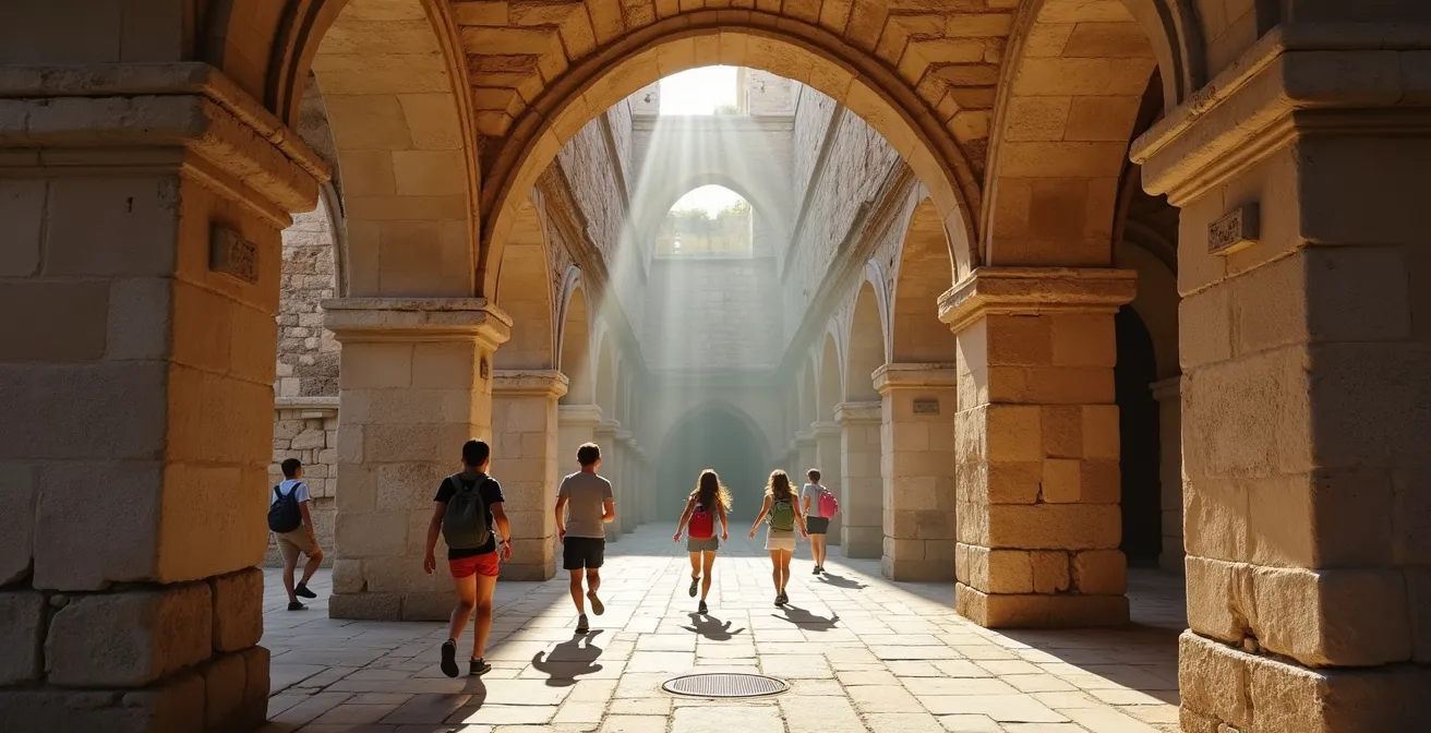 Adolescents photographiant les arcades romaines des Arènes d'Arles