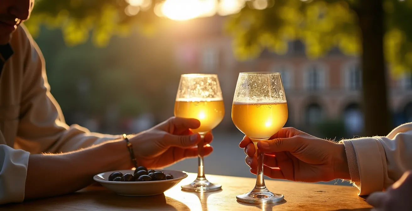 Table d'apéritif provençal sous un platane avec verres de pastis et olives