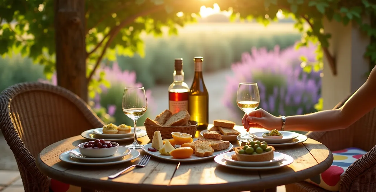 Terrasse provençale préparée pour un moment de convivialité entre propriétaire et locataires