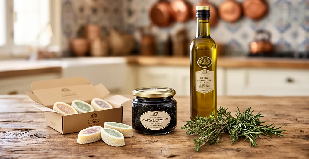 Assortiment de spécialités provençales authentiques avec calissons, tapenade et huile d'olive sur table rustique