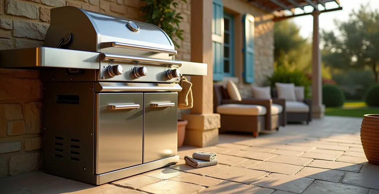 Barbecue à gaz impeccablement nettoyé sur terrasse provençale ombragée