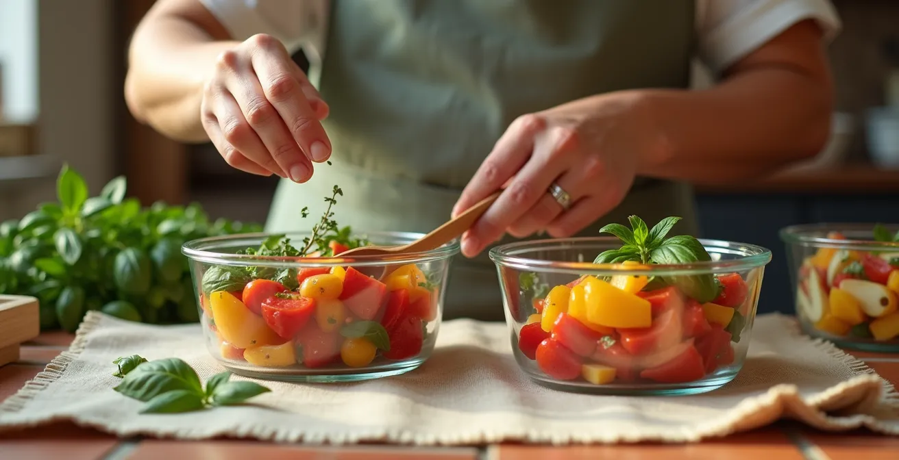 Vue aérienne de contenants en verre avec légumes préparés et herbes fraîches