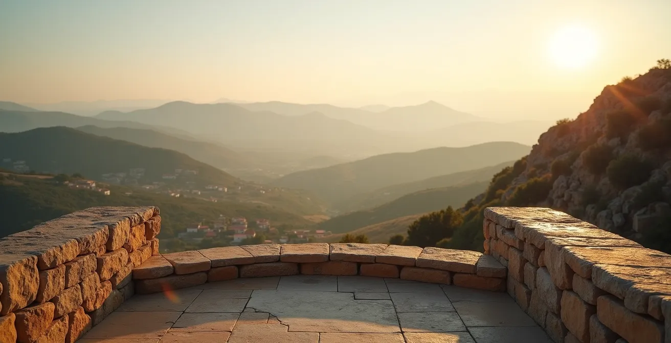 Terrasse publique en pierre avec vue panoramique sur la vallée provençale au coucher du soleil