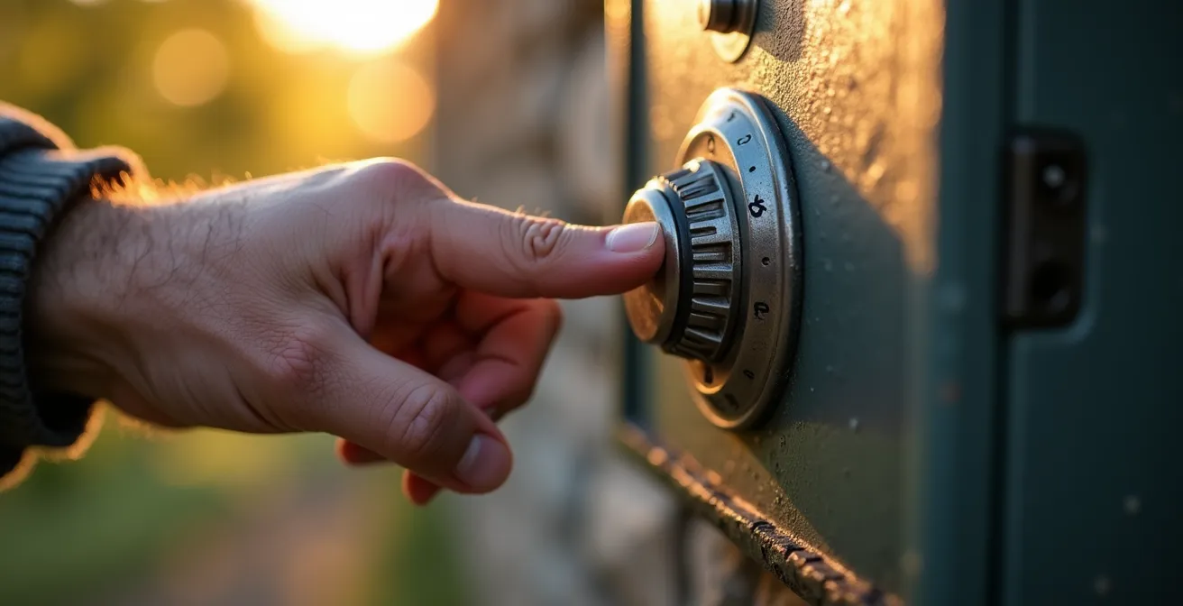 Gros plan sur une main manipulant une boîte à clés sécurisée avec molettes numériques