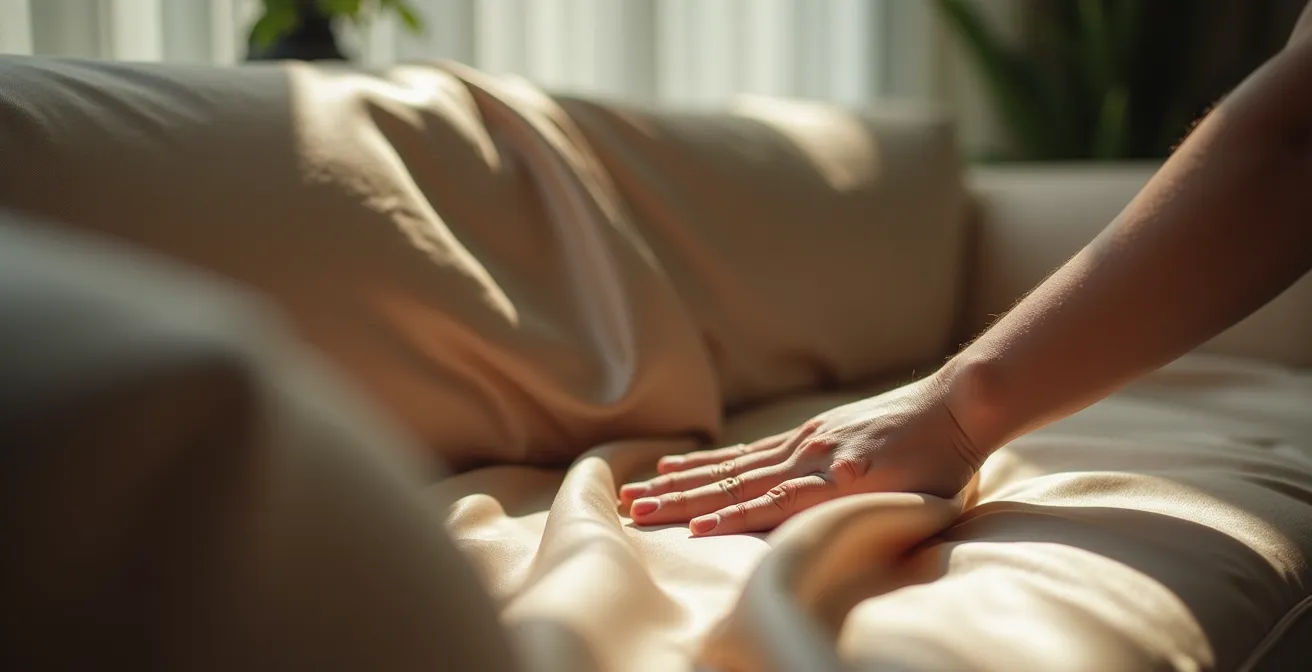 Détail artistique d'un canapé en soie beige dans un salon de prestige avec lumière naturelle