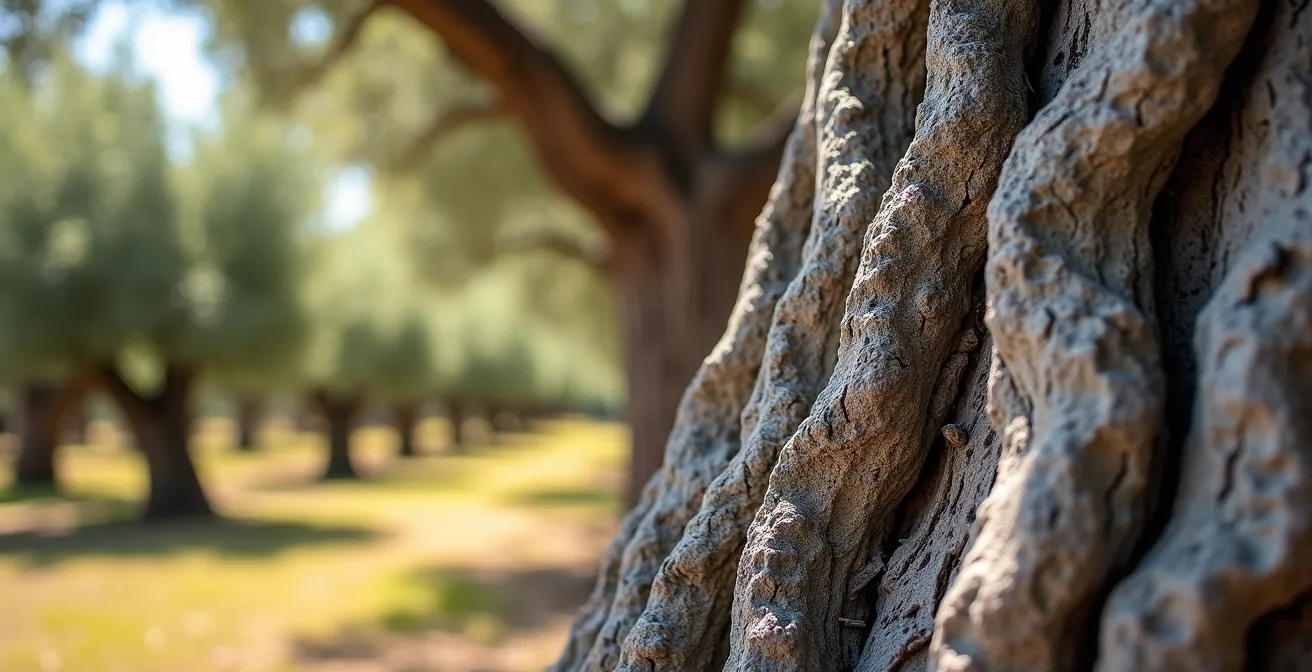 Champ d'oliviers centenaires photographié avec effet pictural rappelant les tableaux de Van Gogh