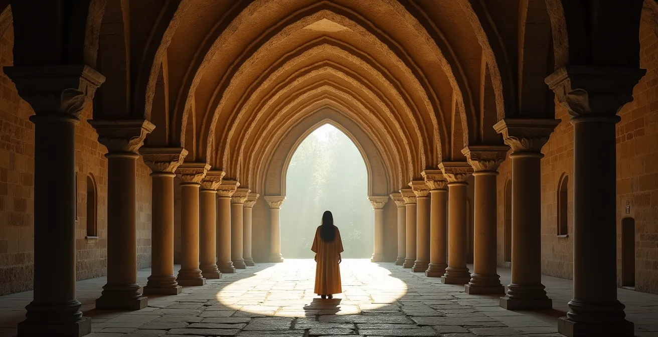 Vue intérieure du cloître de l'abbaye avec ses arcades romanes créant un jeu d'ombres et de lumières