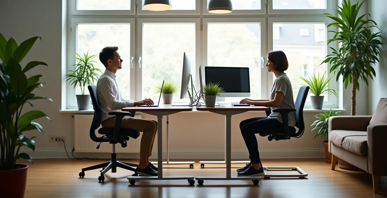 Comparaison visuelle entre un poste de travail ergonomique et une table de cuisine inadaptée