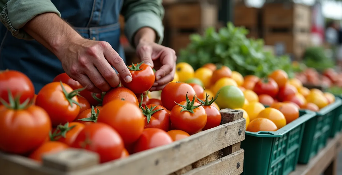 Vue comparative de deux étals de marché montrant les différences entre producteur et revendeur