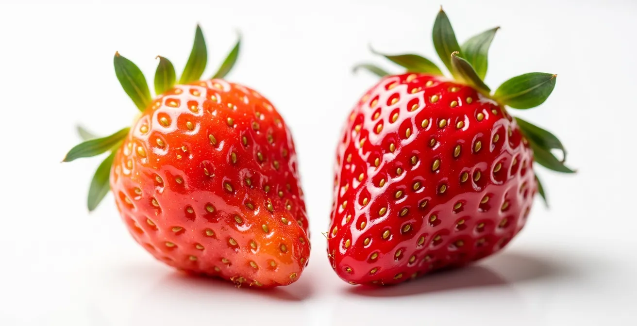 Comparaison visuelle entre fraises de serre pâles et fraises de saison colorées