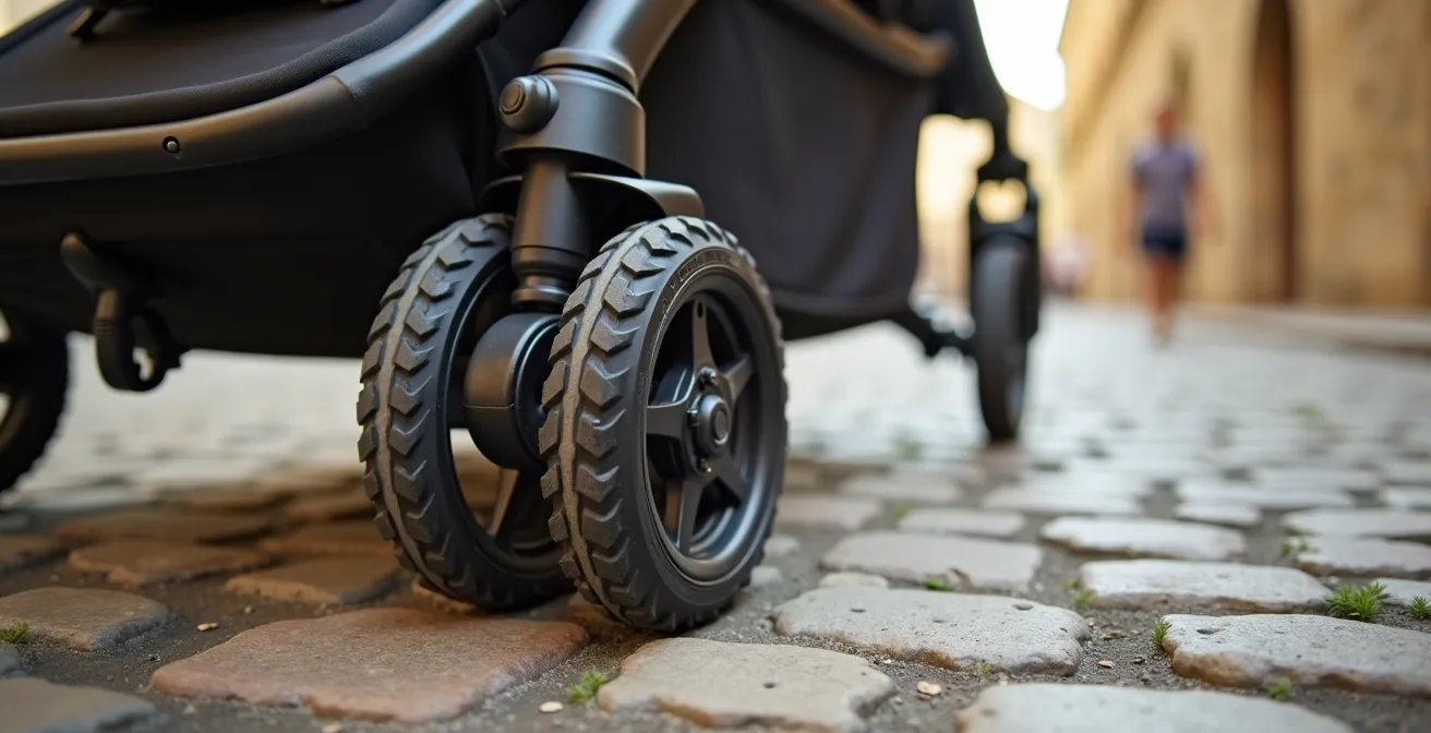 Gros plan sur roues de poussette tout-terrain face aux pavés provençaux