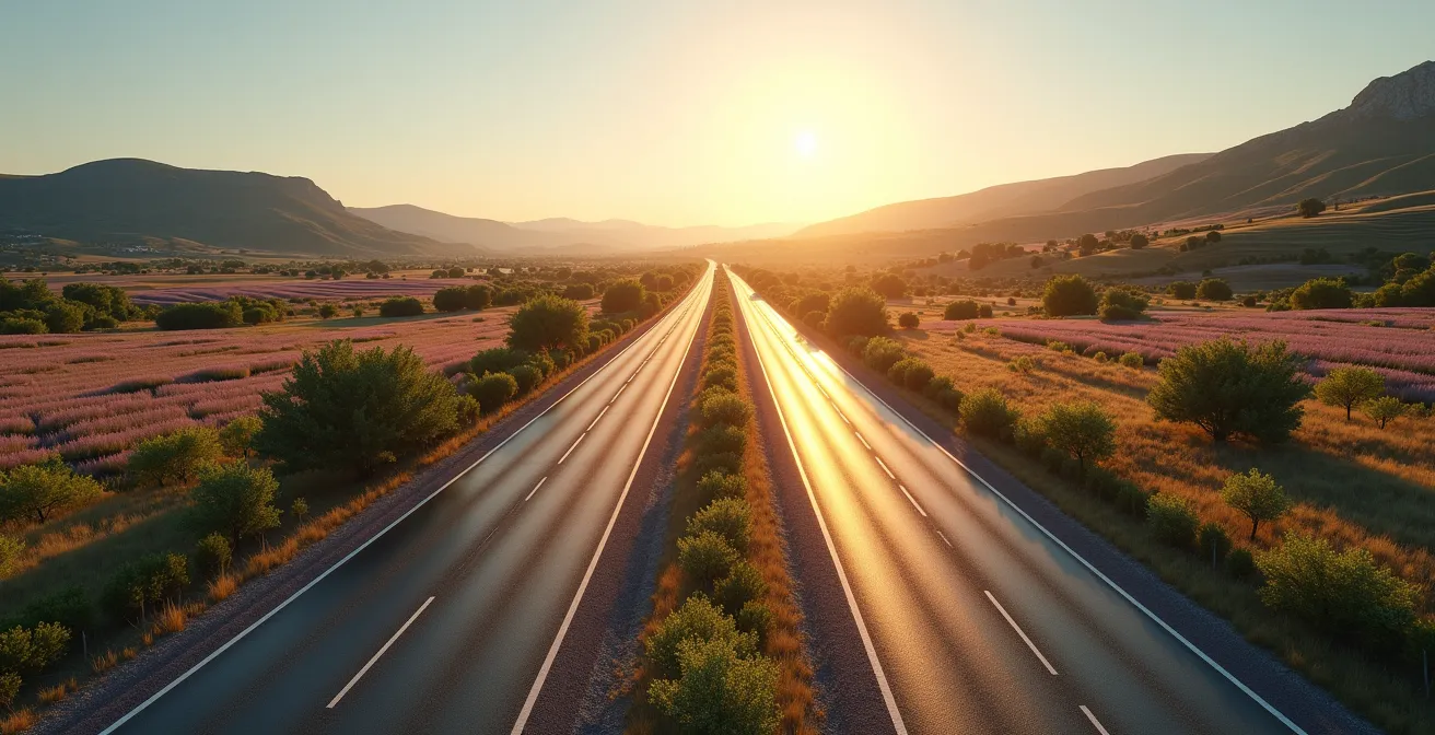 Vue comparative d'une nationale droite et d'une départementale sinueuse à travers un paysage provençal