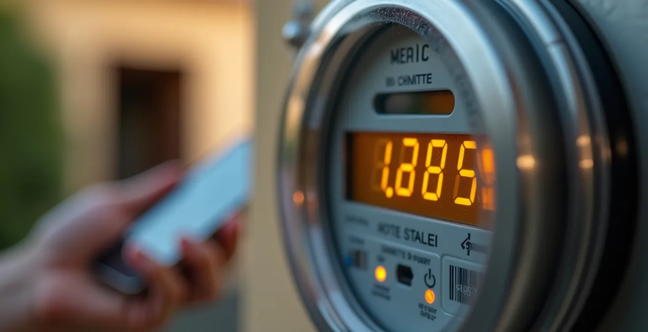 Photo macro détaillée d'un compteur électrique digital moderne avec main tenant un smartphone
