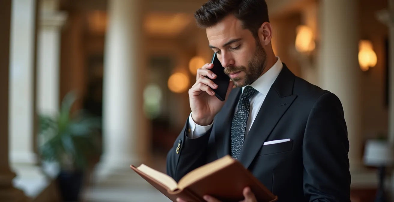 Concierge élégant en costume consultant un carnet d'adresses exclusif dans un hall d'hôtel raffiné