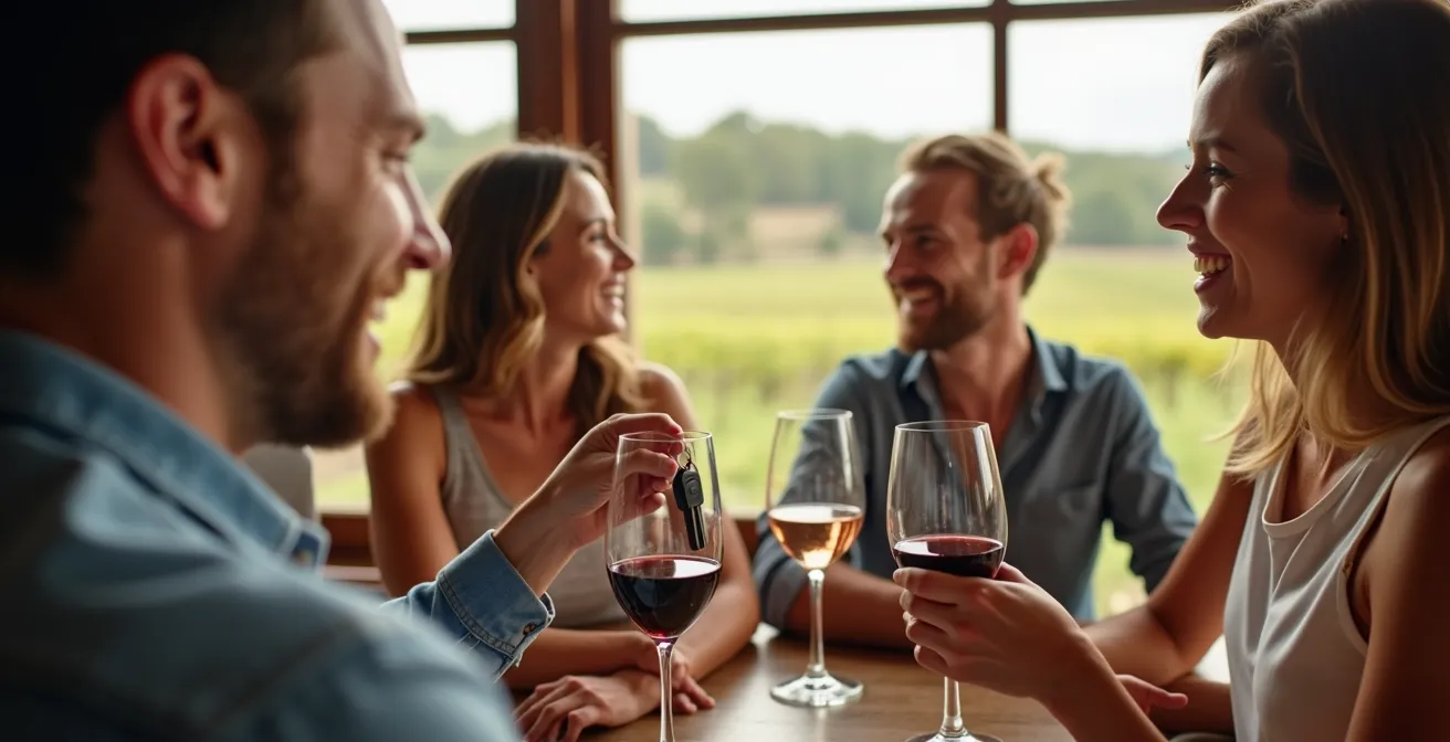 Groupe d'amis dans un domaine viticole avec un conducteur désigné tenant les clés de voiture