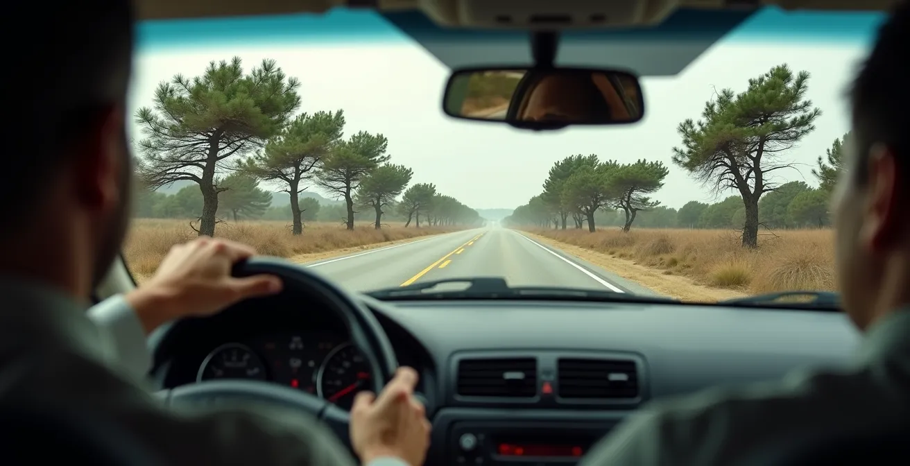 Vue latérale d'une voiture avec coffre de toit sur autoroute venteuse