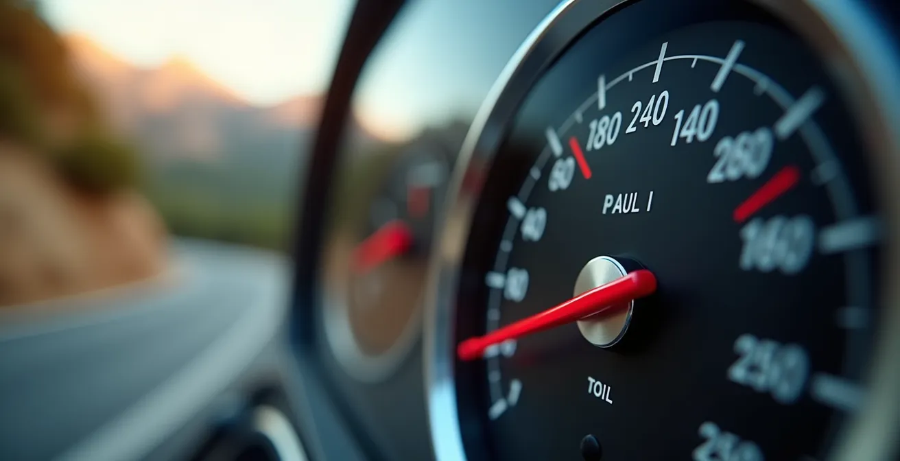 Vue macro d'une jauge de carburant avec en arrière-plan flou les lacets du Mont Ventoux