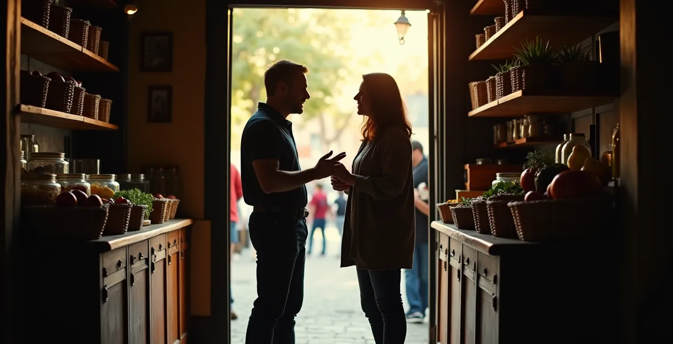Échange cordial entre commerçant et client dans une épicerie locale ensoleillée