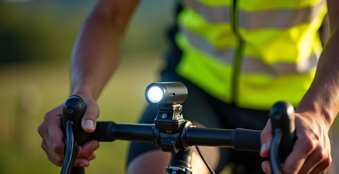 Gros plan sur un cycliste équipé d'un gilet haute visibilité et de feux diurnes sur route de campagne