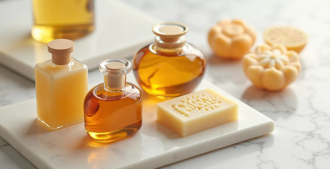 Gros plan sur des flacons en verre ambré et des savons artisanaux disposés sur un plateau de marbre