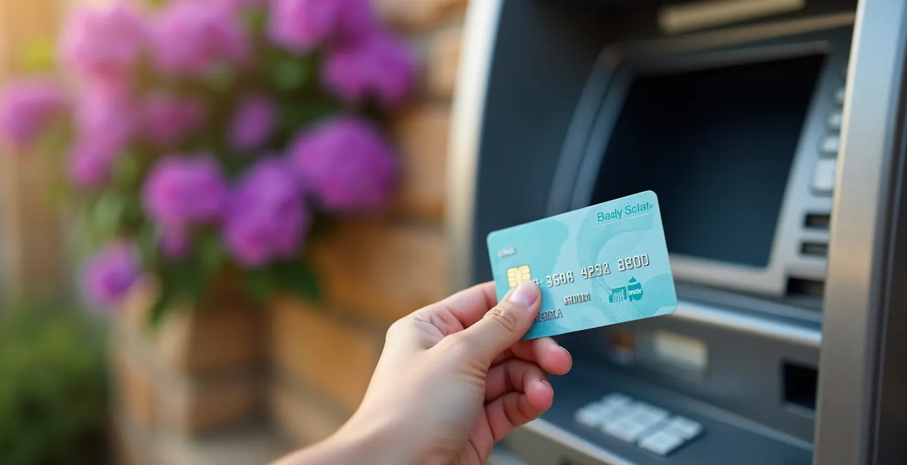 Main tenant carte bancaire devant distributeur avec écran flou montrant options de conversion