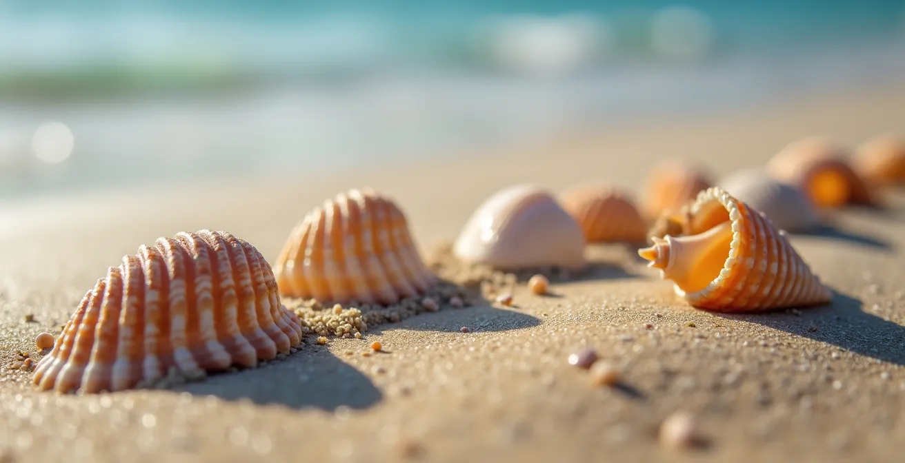 Vue macro de coquillages et grains de sable formant des motifs naturels apaisants sur une plage