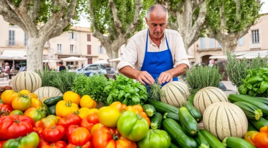 Étal coloré de marché provençal avec légumes et fruits de saison disposés par un maraîcher