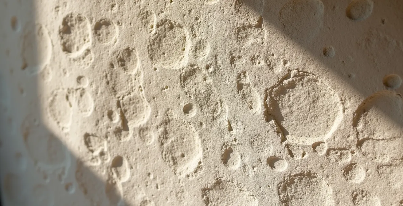 Gros plan sur un mur en pierre avec enduit à la chaux montrant la texture poreuse et respirante