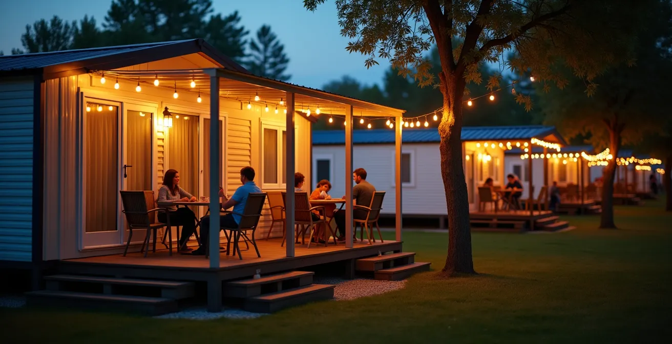 Soirée paisible dans un camping avec des familles sur leurs terrasses de mobil-home éclairées par des guirlandes