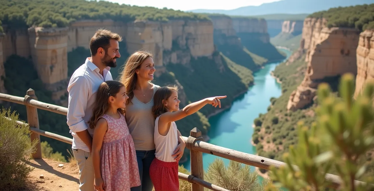 Famille avec enfants profitant d'une pause à un belvédère surplombant les Gorges