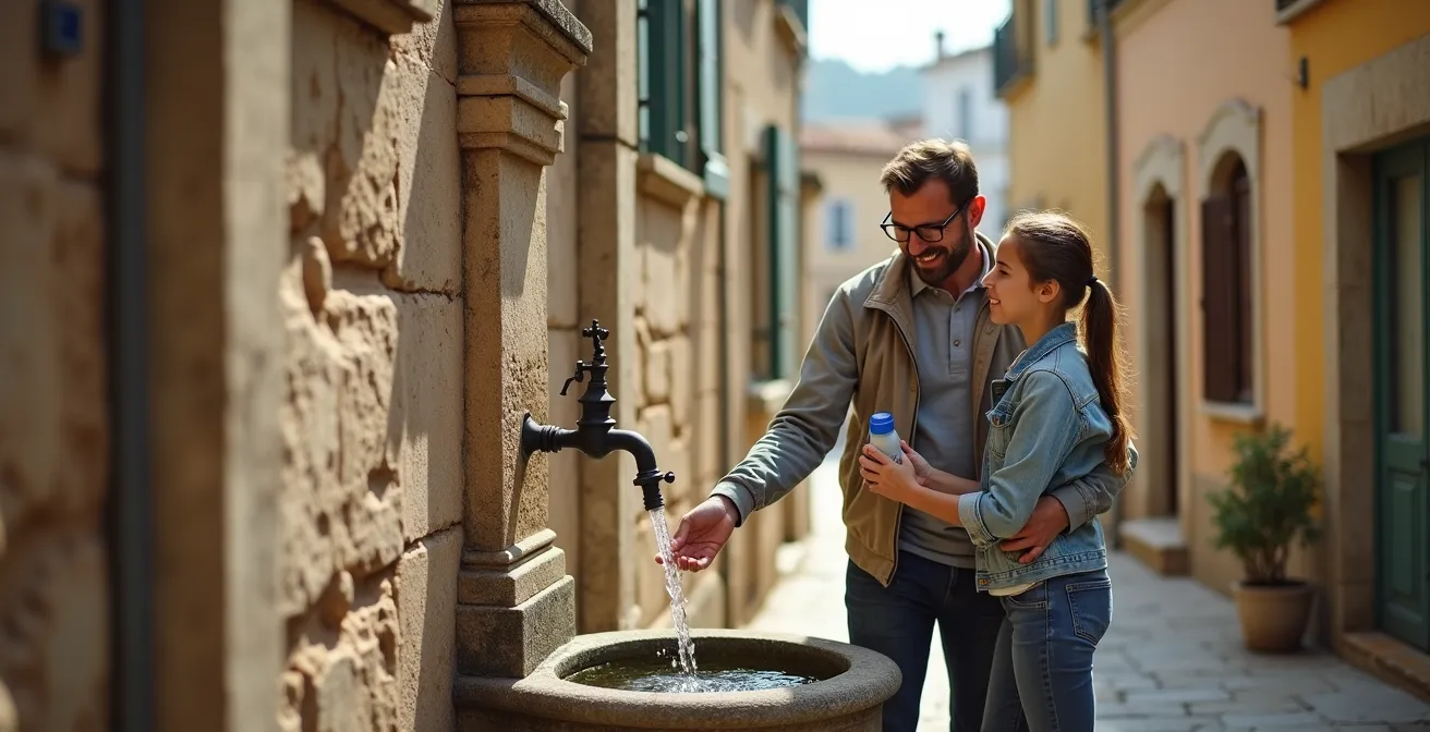 Fontaine d'eau potable traditionnelle dans un village provençal avec famille
