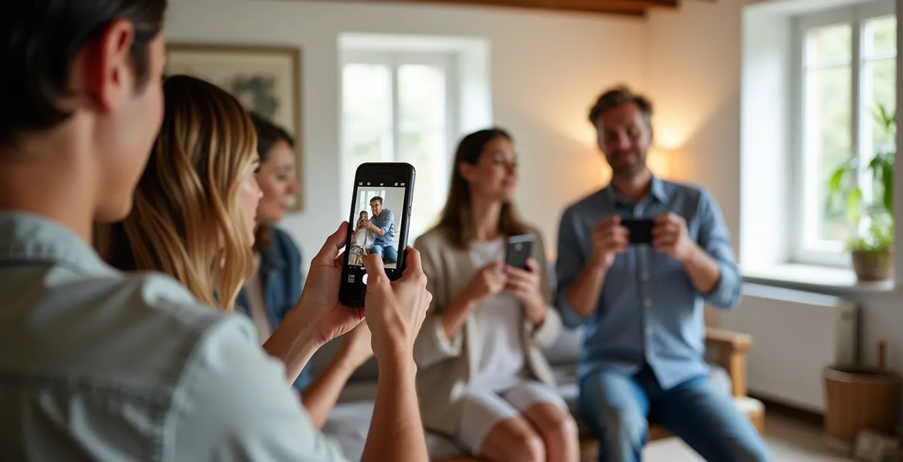 Groupe d'amis documentant l'état des lieux d'un gîte avec leurs smartphones
