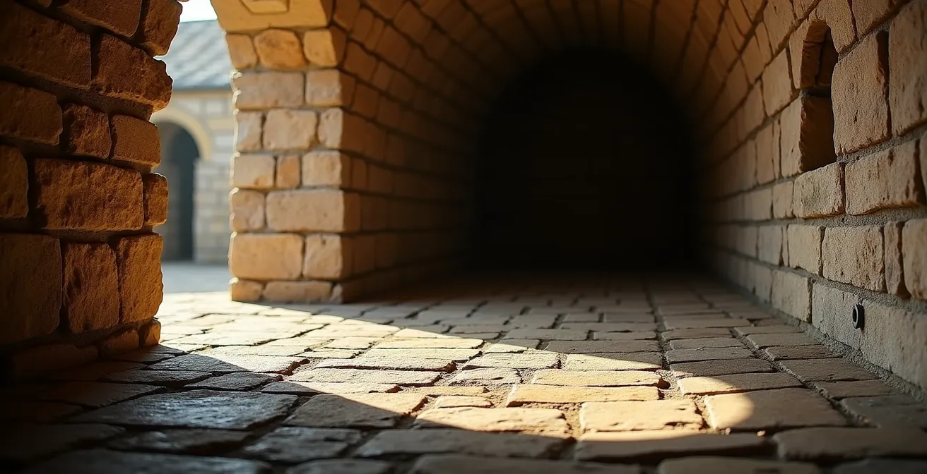 Intérieur voûté d'une ancienne bergerie provençale avec murs en pierre apparente