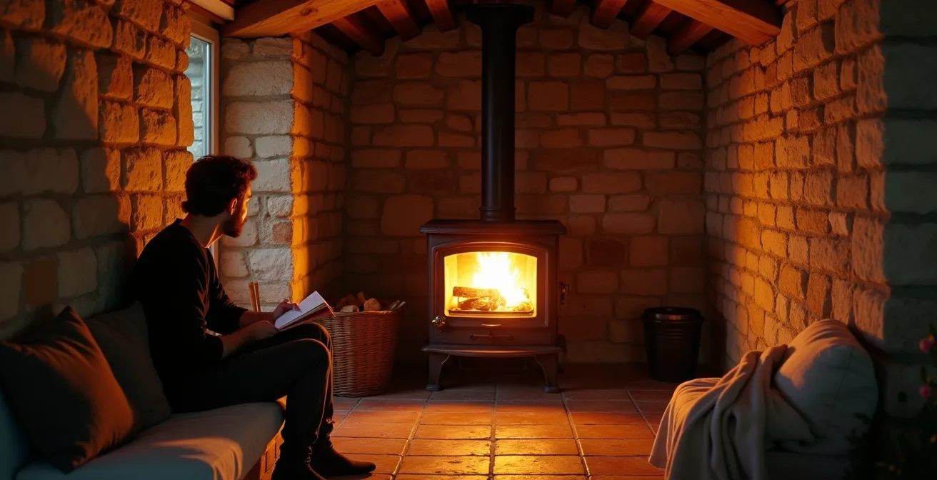 Intérieur d'un mas avec poêle à bois central et murs en pierre apparente