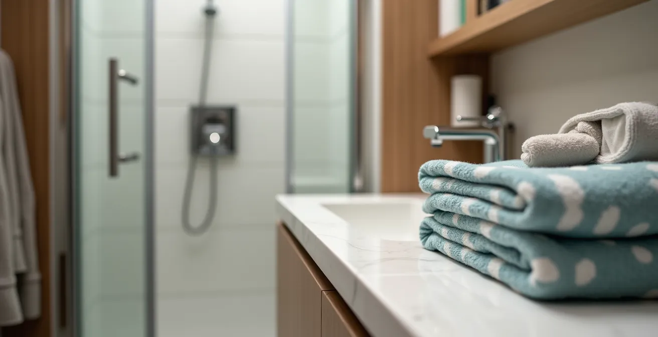 Salle de bain compacte de mobil-home avec douche, lavabo et rangements astucieux