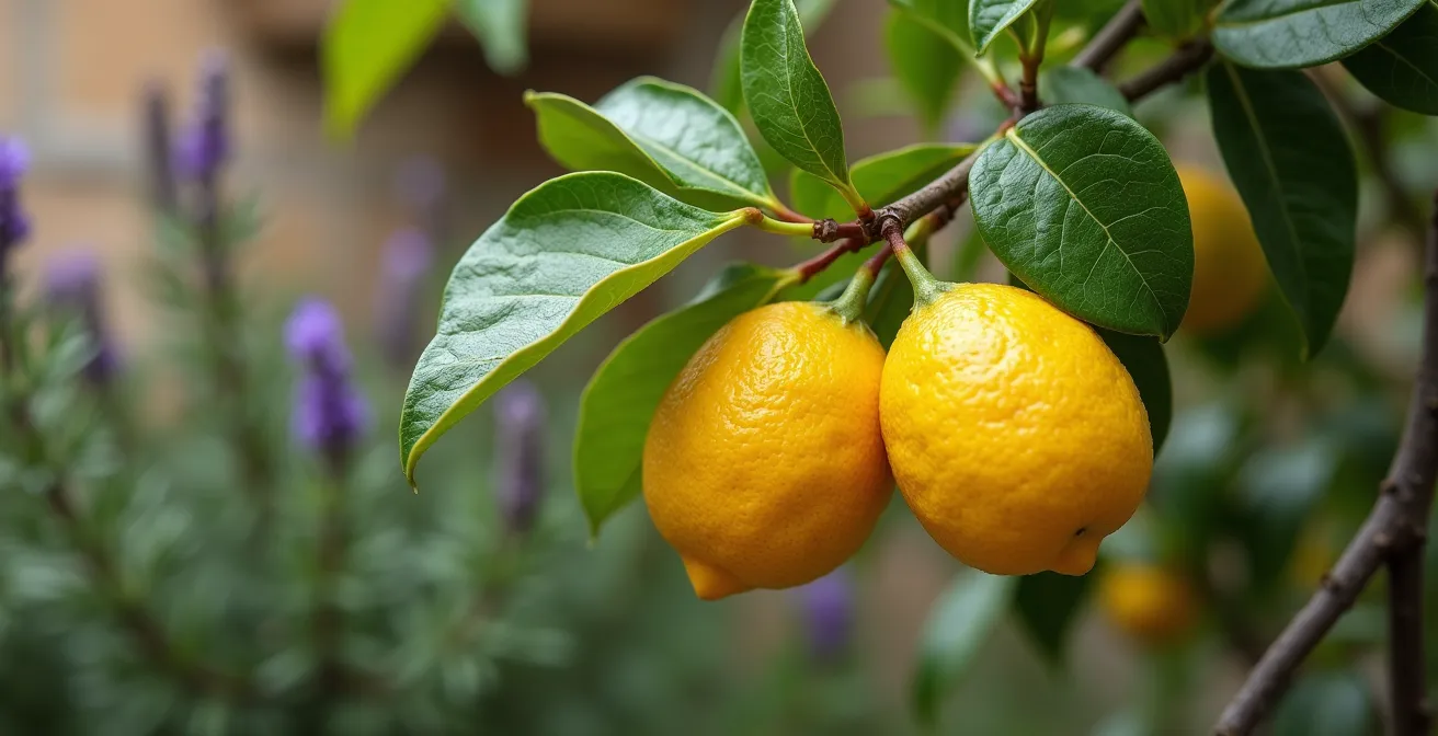 Détail d'un jardin provençal avec citronnier, thym et romarin sous lumière dorée