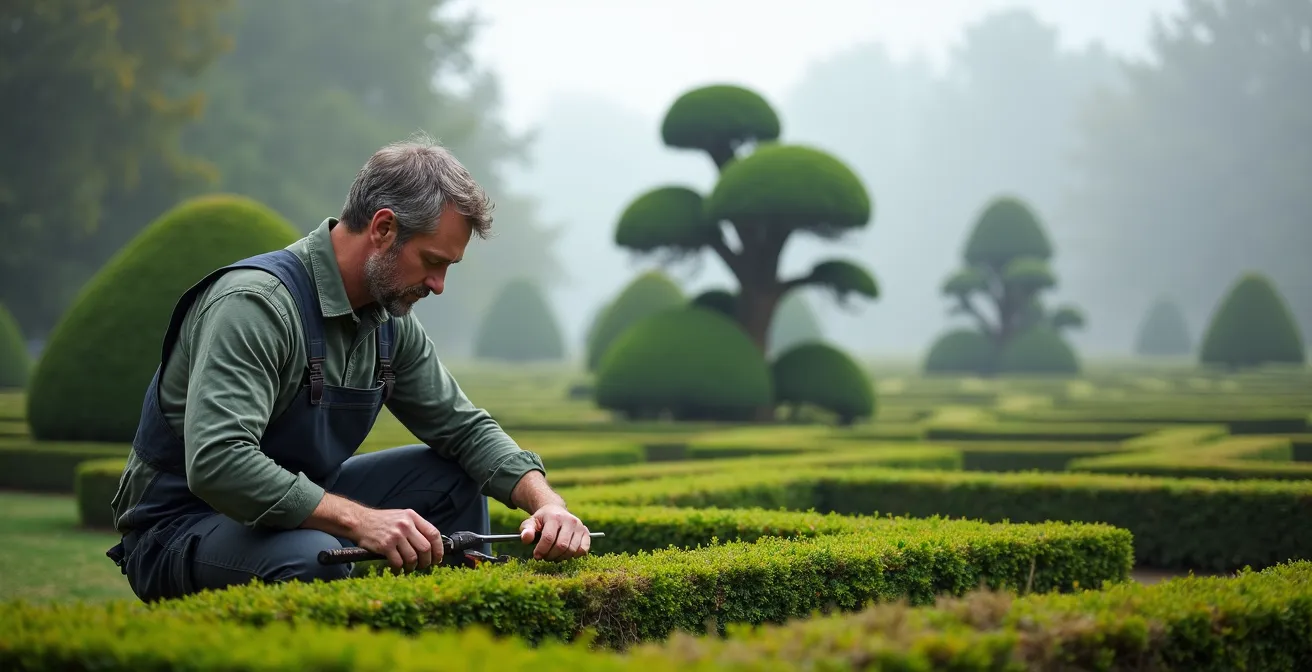 Jardinier expert taillant minutieusement une topiaire centenaire dans un jardin à la française