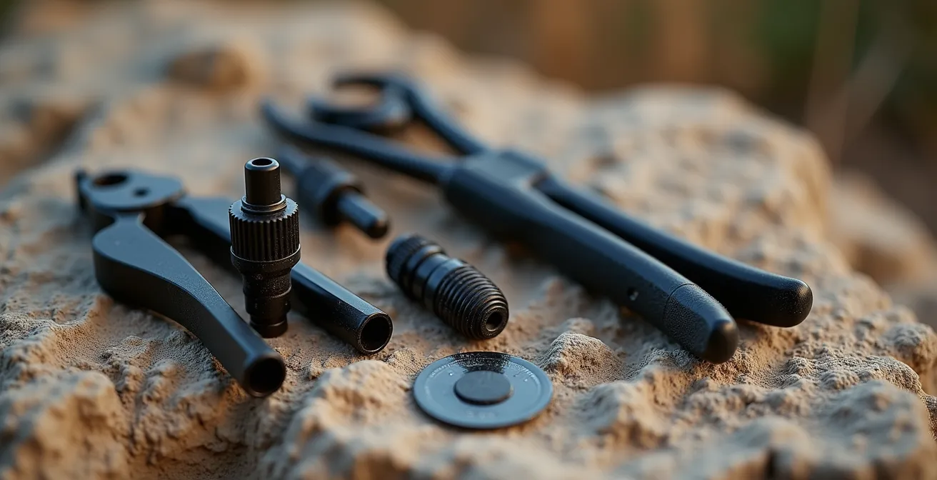 Vue macro détaillée d'un kit de réparation VTT avec mèches, rustines et outils sur roche calcaire