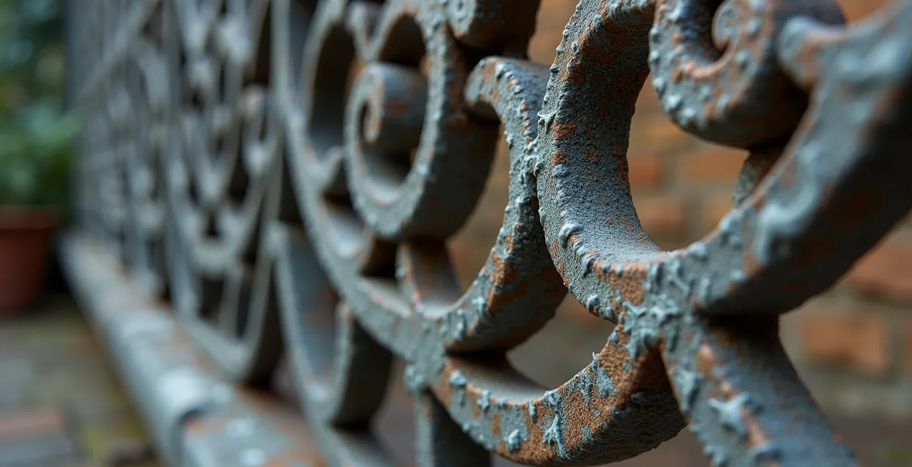 Kit de sécurité temporaire installé sur une balustrade ancienne en fer forgé