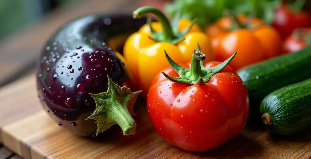 Légumes méditerranéens colorés disposés en cercle chromatique sous lumière naturelle