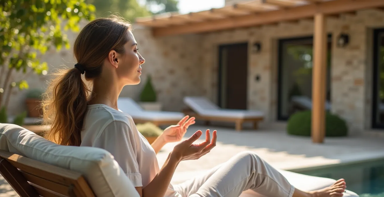 Personne contrôlant la température d'une villa moderne depuis une terrasse ombragée