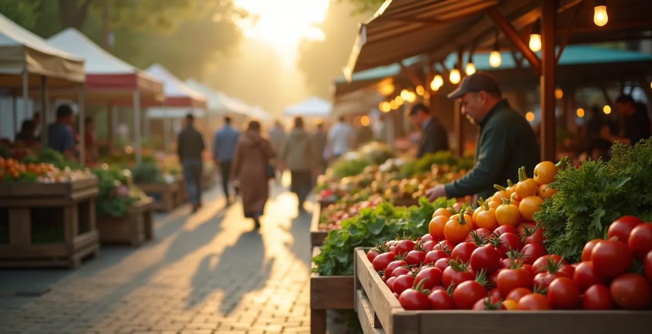 Scène de marché avec producteur vendant directement ses légumes biologiques