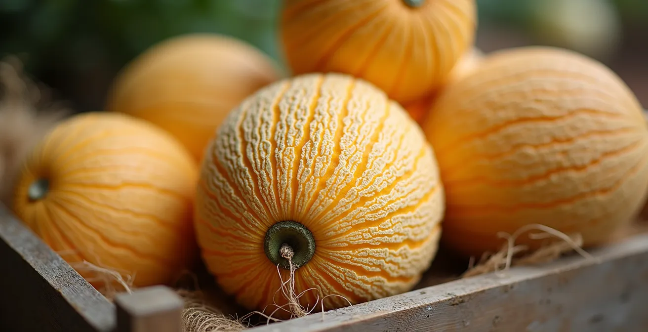 Gros plan sur des melons disposés sur un étal de marché avec focus sur les textures
