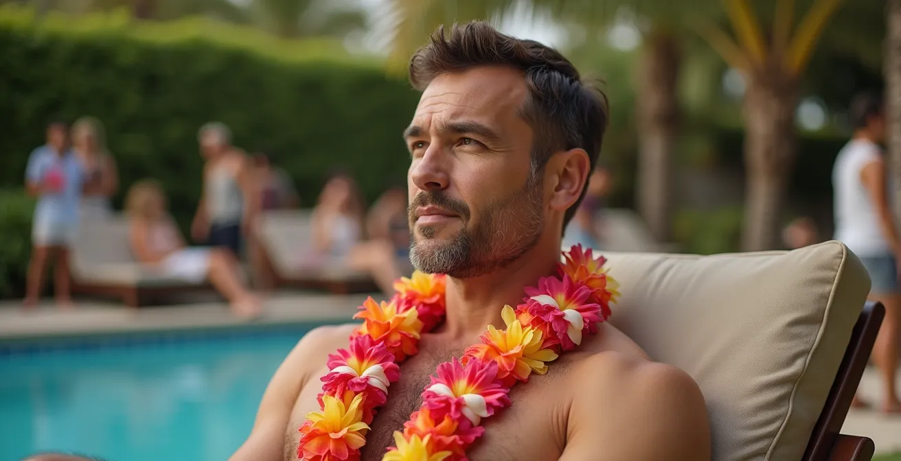 Adulte portant un collier de fleurs coloré assis au bord de la piscine surveillant des enfants