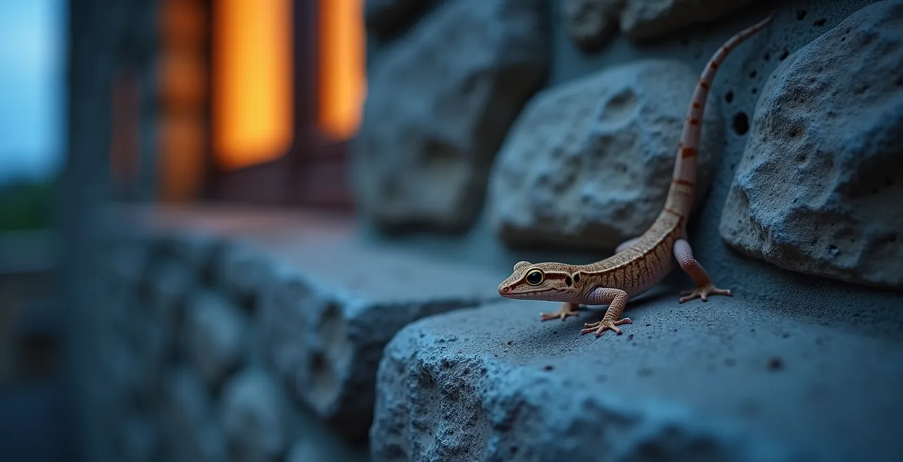 Gecko sur un mur en pierre au crépuscule, fenêtre entrouverte avec voilage léger