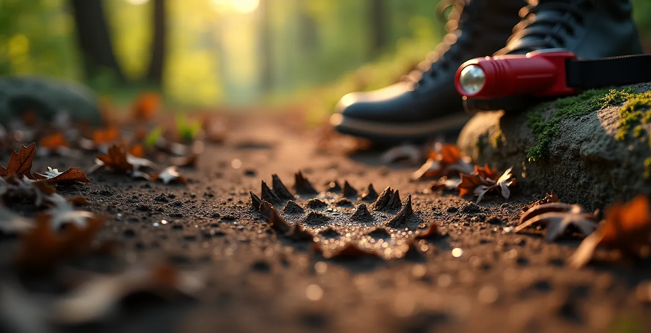 Traces d'animaux sauvages sur sentier forestier du Luberon à l'heure dorée avec équipement d'observation discret