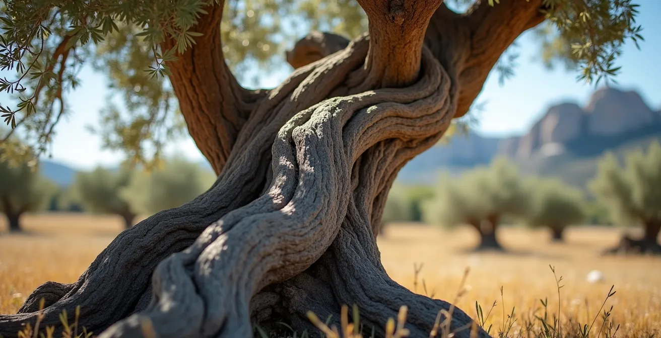 Gros plan sur les troncs torsadés des oliviers centenaires avec les montagnes des Alpilles en arrière-plan