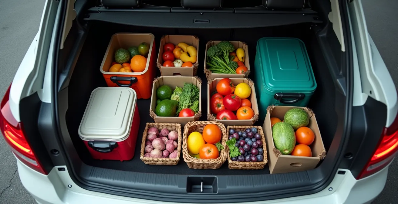 Vue aérienne d'un coffre de voiture organisé avec glacières et produits du terroir