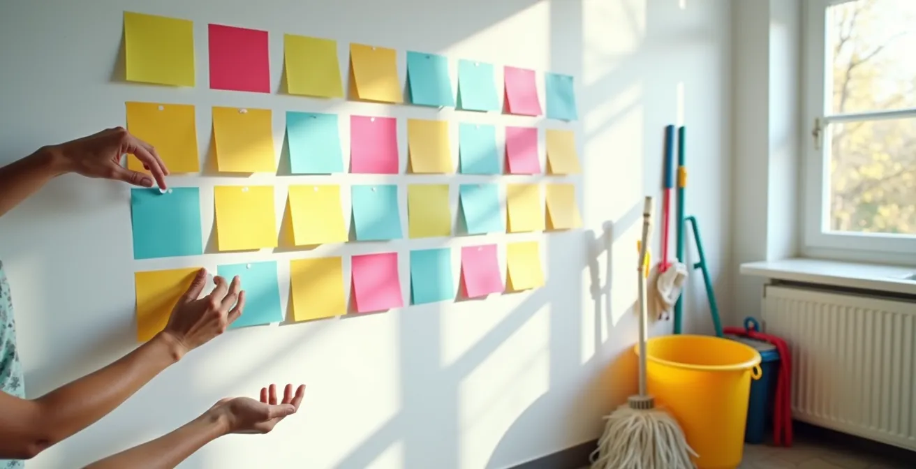 Organisation collective du ménage avec tableau et post-its colorés