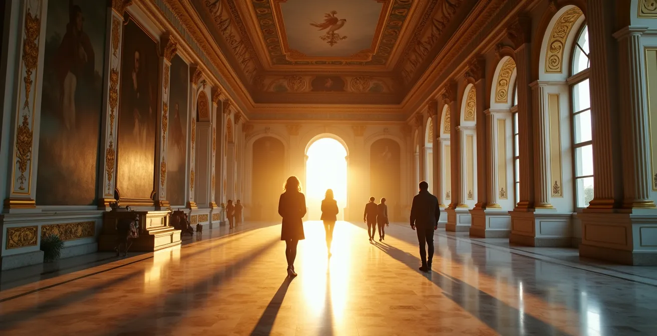 Intérieur majestueux d'un palais historique avec quelques rares visiteurs, baigné dans une lumière dorée de fin d'après-midi